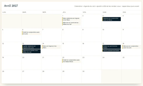 Le mois d'avril 2027 dans un agenda, avec les passages de l'agenda de démonstration : Neptune en conjonction avec ta Vénus le 3, Pluton au carré de ton Pluton le 17…