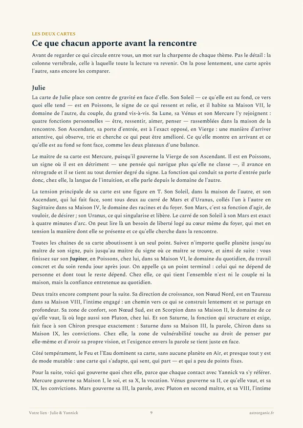 Page « Les deux cartes » de la synastrie de Julie et Yannick