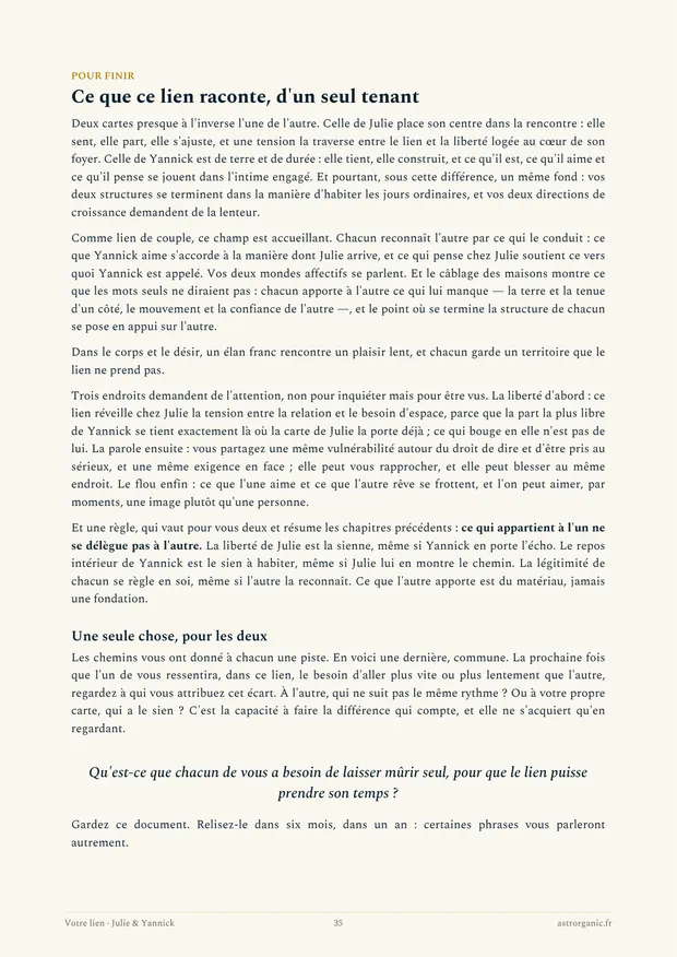 Page « Pour finir » de la synastrie de Julie et Yannick