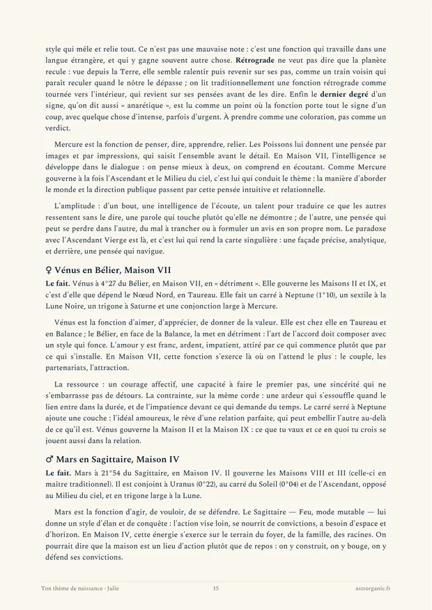 Page sur Mercure et Vénus dans le thème de Julie